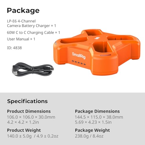 SmallRig 4-Slot Charger for Canon LP-E6NH Battery, PD 60W Fast Charge, LED Indicator, for K&F Concept LP-E6NH Battery, Compact for Canon R6 Mark II/III, 5D Mark II/III/IV, 6/7D, 6/7DMark II, R, R5/6/7