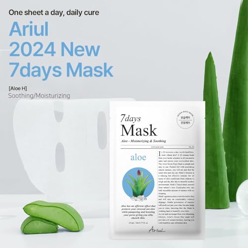 Image of Ariul 7days Mask Aloe H (1 Sheet, 23ml) Soothing Hydrating Korean Sheet Mask with Aloe Vera & Hyaluronic Acid, Calming Face Mask for Sensitive Irritated Skin, Barrier Repair Moisturizing Daily Use Facial Mask