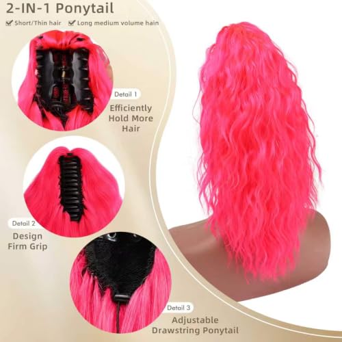 Image of Claw Clip Ponytail Extension 16In Long Wavy Curly Hair,Pink 2