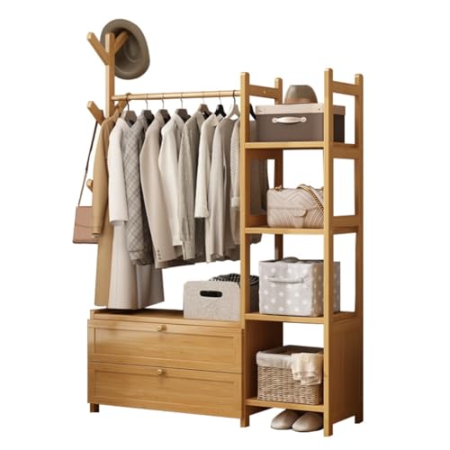 Moderno armario abierto con cajones y barra de bambú, perchero de pie para almacenamiento de dormitorio, elegante exhibición de ropa y fácil acceso