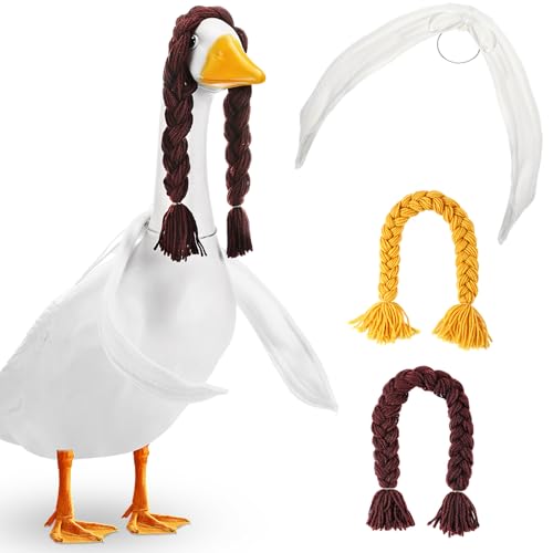 Luinabio 4 Pcs Poseable Goose Wings with Wigs Porch Goose Outfit Accessories Cute Goosey Braid Wigs White Poseable Wings for 23/17'' Outdoor Patio Yard Lawn Art Decoration(Farmhouse)