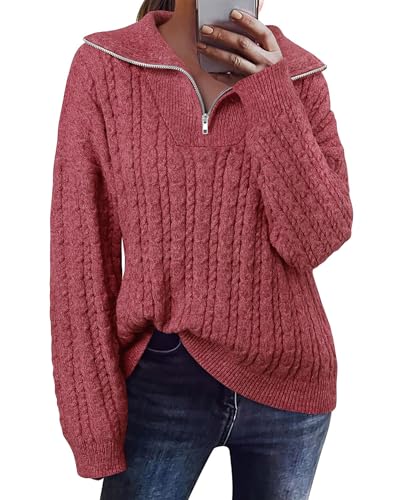 Image of Vivilli Women's Quarter Zip Cable Knit Oversized Sweaters Long Sleeve V Neck Pullover Sweaters 2024 Fall Winter Fashion