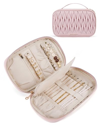 BAGSMART Travel Jewelry Case Jewelry Organizers and Storage Earings Holder Organizer for Women Necklace Holder Jewelry Rolls for Necklaces, Earrings, Bracelets-Pink