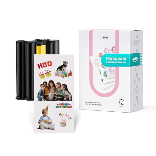 Liene Sticker Paper & Cartridge (Enhanced Adhesion Version) - 2 Ink Cartridge Refills & 72 Sheets 4x7" Photo Paper, Dye Sublimation Waterproof, Compatible with Liene PixCut S1