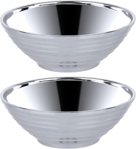 Wafity ラーメンどんぶり 麺鉢 食器 ステンレス製 二重構造 軽量 耐熱 肉厚 レンゲスプーン 衛生 洗いやすい ゴールド 家庭用 業務用 レストラン 学校 2人用 (22cm,シルバー) (16cm,シルバー)