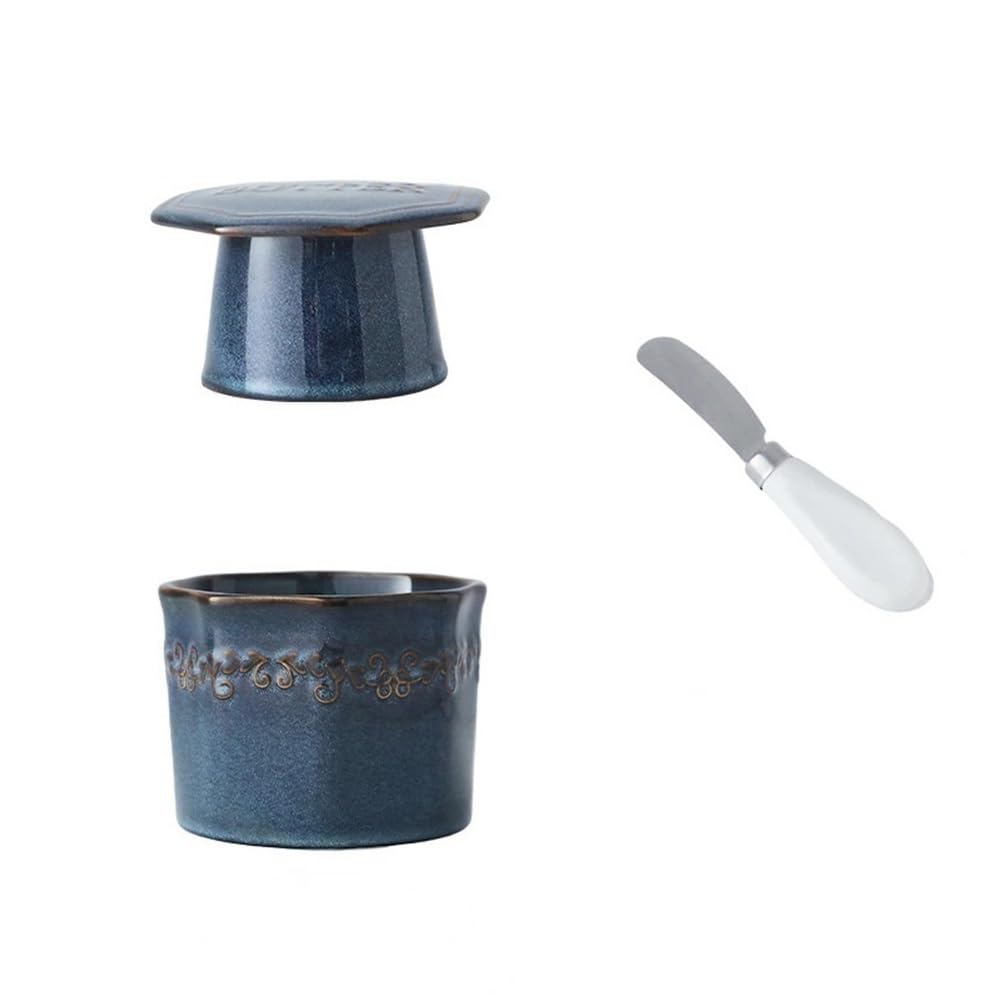Zyyanshop Blue Butter Dish Butter Dish Ceramic With Lid For Kitchen Countertops Soft With Knife