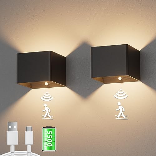 Aipsun 2 Stück 5500mAh akku wandleuchte mit Bewegungsmelder, LED wandleuchte Innen, 3000K, 5W, kabellose LED akku wandleuchten mit Schalter, für Schlafzimmer Wohnzimmer Treppe(schwarz)