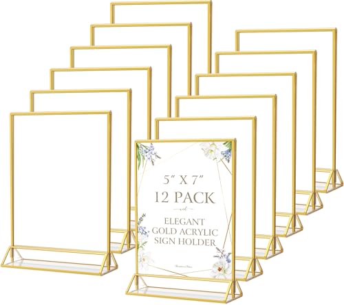 MaxGear 5x7 Gold Acrylic Sign Holder 12 Pack, Gold Table Number Holders, Mini Frames Double Sided Acrylic Picture Frames Photo Stand, Clear Menu Flyer Stand for Wedding, Home, Restaurant