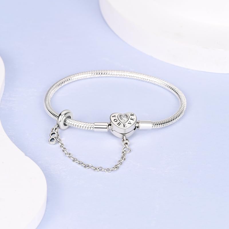 Image of 925 Sterling Silver Snake Chain Bracelets Fit Pandora Charms,Heart Clasp Bracelets Perfect For Any Glamour Gift for Women with 5 A Cubic Zirconia