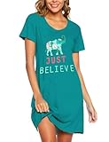 ENJOYNIGHT Womens Cotton Nightgown Short Sleeves Sleepshirt Print Nightshirt (Blue-Elephant, Medium)