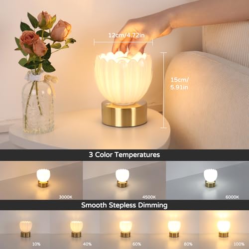 Image of Shenmoyl Cordless Small Table Lamp with 5200mAh Battery & Touch Control, Battery Operated Tulip Table Lamp with 3 Colors, Rechargeable Mini Table Lamps for Bedsides, Bedroom, Nightstand (White)