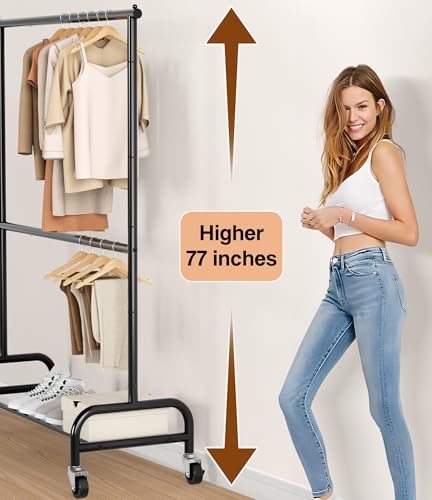 Misslo SPJ-201BK Heavy Duty Clothing Racks For Hanging Clothes Rack Double Rod Garment Rack Rolling Closet Wardrobe Rack On Wheels, Metal, Adjustable thumb #2