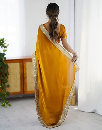 Image of SIRIL Women's Chiffon Sequence Embroidery Lace Saree with Unstitched Blouse Piece