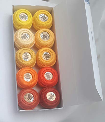 Vog Perle Cotton Size 8 Embroidery Threads - Set Of 10 Balls (10Gr Each) - Yellow & Orange Shades (Column No. 7) #TOP3