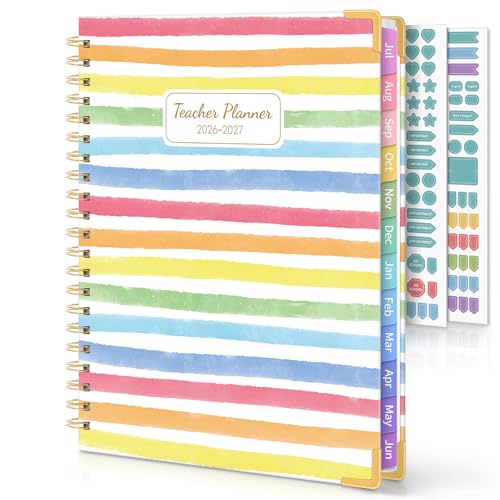 SKYDUE Teacher Planner 2026-2027 Academic Year 8.5 x 11 Deluxe Teacher Lesson Planner with Monthly Tabs & Stickers Lesson Plan Book 26-27 Rainbow