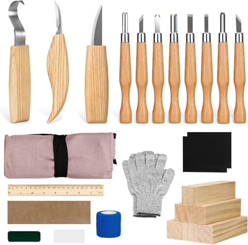 25PCS Set d'outils de sculpture sur bois,Ensemble d'outils de sculpture avec Gants Résistants aux...