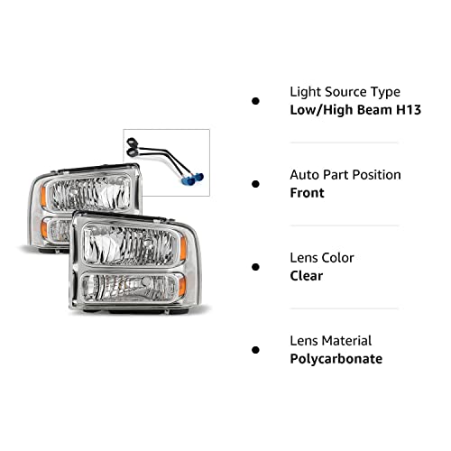 Acanii - For 1999-2004 Ford Super Duty F-250 F-350 Truck Excursion Conversion Chrome Headlights Headlamps Set Left+Right #TOP7