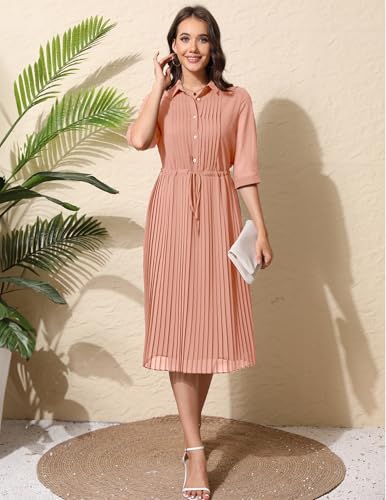 Image of Women V Neck 3 /4 Sleeve Pleated A-Line Dress with Belt Swing Midi Dresses for Spring Summer Autumn