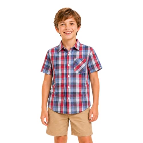 Image of Bienzoe Boys Checked Shirt for Son: Kids School Short Sleeve Button Up Cute Tops Red/Blue Size 13/14