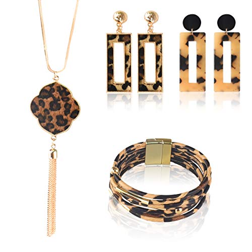 Blppldyci 4 Pieces Leopard Jewelry Set for Women Leopard Leather Bracelet Teardrop Drop Dangle Earrings Long Tassel Pendant Necklace Handmade for Women Girls