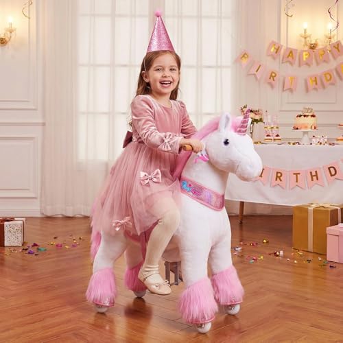 Image of PonyCycle Official Classic U Series Ride on Horse Toy Plush Walking Animal Pink Unicorn Size 4 for Age 4-8 Ux402