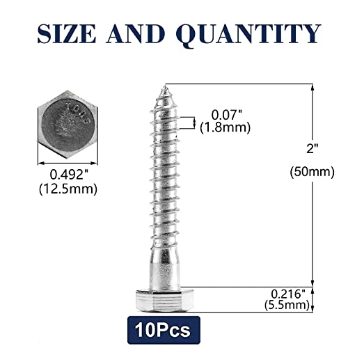 Image of 5 /16 inch x 2 inch Hex Head Lag Screws Bolts 10Pcs 304 Stainless Steel 18-8, Partial Thread, Hexagon Head Wood Screws by SG TZH
