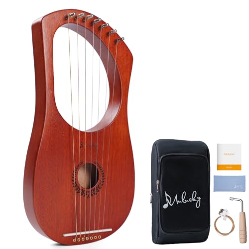 Lyre Harp Mulucky MLH701 - 7 - Lira de metal con cuerda de acero, instrumento de lira de caoba con llave de afinación y bolsa de transporte negra