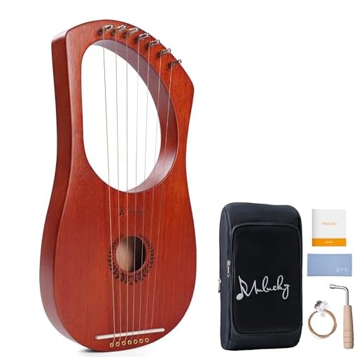 Lyre Harp Mulucky MLH701 - 7 - Lira de metal con cuerda de acero, instrumento de lira de caoba con llave de afinación y bolsa de transporte negra
