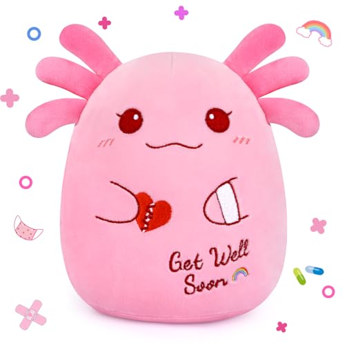 LSYDCARM Get Well Soon Axolotl Plush Toy Pink Axolotl Get Well Soon Gift for Kids Women Soft Stuffed Animal Cute Pink Huggable Pillow Kawaii Plushies Gift for Girls Boys
