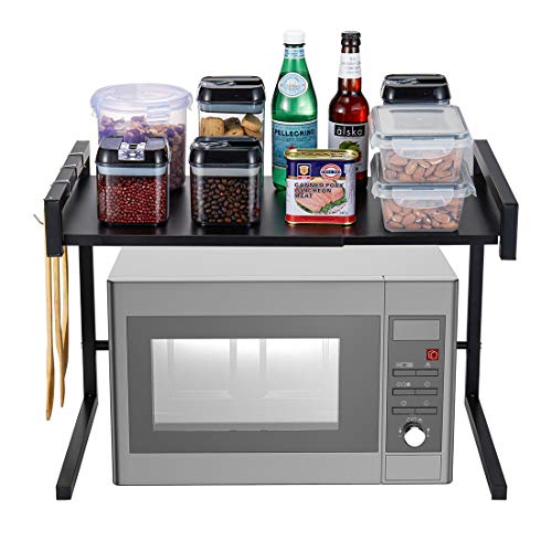 i BKGOO Expandable Metal Black Microwave Oven Rack Shelf Kitchen Supplies Tableware Storage Carbon Stainless Steel Counter Rice Cooker Stand Contains 2 Tiers with 3 Hook