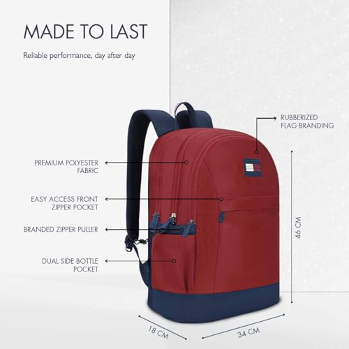 Image of Tommy Hilfiger Professional School Backpack Stud - Burgundy+Navy | Durable Water-Resistant Bag for Teens with Signature Metal Logo | 3 Compartments | Integrated Rain Cover | 30L Capacity