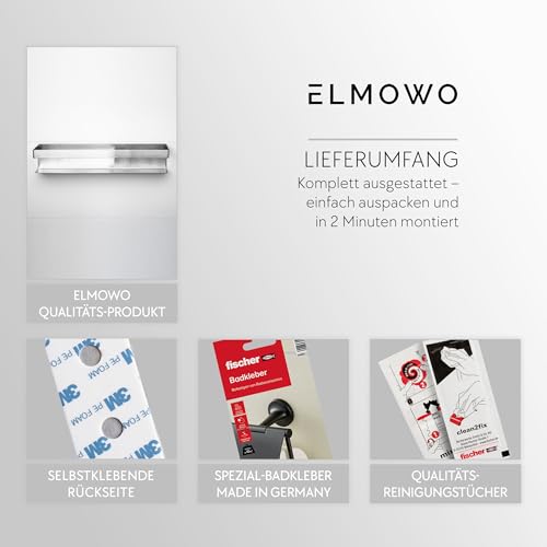 ELMOWO - Premium Edelstahl Handtuchhalter ohne Bohren selbstklebend inkl. Spezialkleber (extrem sicherer Halt) - Wand Handtuchregal für Bad - Handtuchhalterung für 5 Handtücher als Wandregal (Silber)