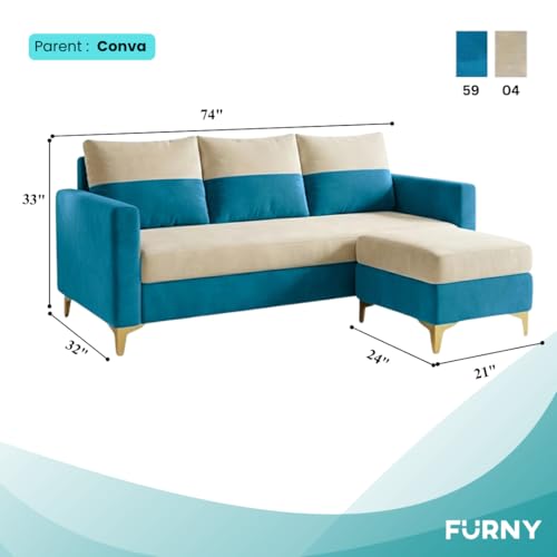 Image of FURNY Canvora 4 Seater L Shape Sofa Set with Movable Ottoman | Flexible Left or Right Layout | Plush Velvet Fabric (Cream-Aqua Blue) | Perfect for Living Room, Guest Room & Office