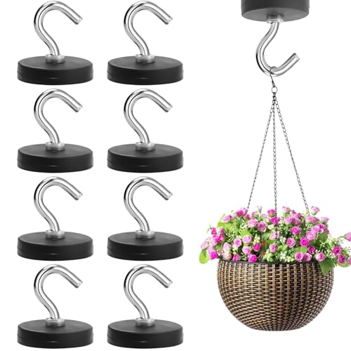 GBKDQQ 8 Stück Magnethaken Schwarz, 22mm Starke Magnete mit Haken Stanzfrei, Gummiert Magnethaken, Extra Stark 3.5kg Magnethalter für Eisentüren Kühlschränke Küchen Kleiderablage Badezimmer