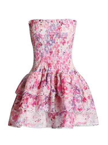 Women's Color Block Print Dress Strapless Sleeveless High Waist Pleated Slim Fit Dress
