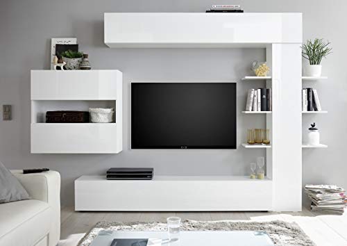 Web Convenienza Parete TV Attrezzata Collezione Sorano 2 A - Mobile Televisore in Legno con Ante a Ribalta Moderno - Color Bianco Lucido e Bianco Opaco