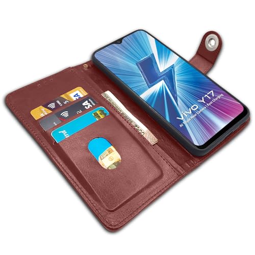 Image of Pikkme Vivo Y12 / Y15 / Y17 / U10 Flip Cover Leather Finish | Inside TPU with Card Pockets | Wallet Stand and Shock Proof | Complete Protection Flip Case (Button Brown)