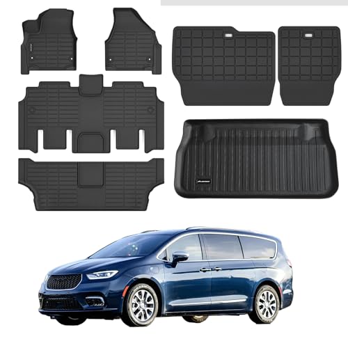 MJBYMAT Floor Mats for 2017-2024 2025 Chrysler Pacifica Fuel Version Fit 7&8 Passenger Model (Non Hybrid & Pinnacle Model) & Trunk Mat & Backrest Mat,TPE All Weather Protection Car Mats Full Set