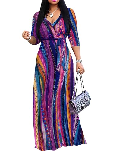 Image of Women's V Neck Floral Maxi Dress 3 /4 Sleeve Plus Size Boho Wrap Flowy Long Dresses with Belt