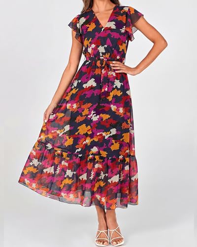 Image of BTFBM Women Summer Bohemian Floral Casual Wrap V Neck Ruffle Cap Sleeveless Belt A-Line Pleated Hem Midi Sun Dress White