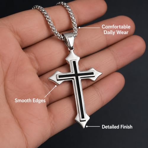 Image of M Men Style Religious Lord Jesus Christain Christ Cross Black and Silver Stainless Steel Pendant Necklace Chain for Men and Women SujalPn20221097