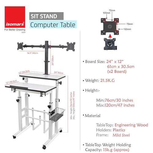 Image of Isomars Computer /Laptop Table with Dual Monitor Mount, Adjustable Height & Angles, Sit Stand Table, Computer Desktop Workstation Useful for Gadgets Like Desktop, Laptop, etc. (White).