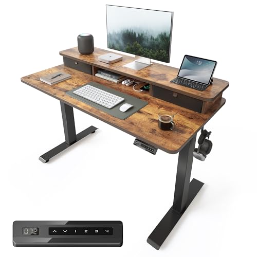 Image of FEZIBO 40 x 24 Inch Height Adjustable Electric Standing Desk with Double Drawer, Stand up Home Office Computer Desk with 4 Height-Adjustable Feets & 2 Hooks, Rustic Brown