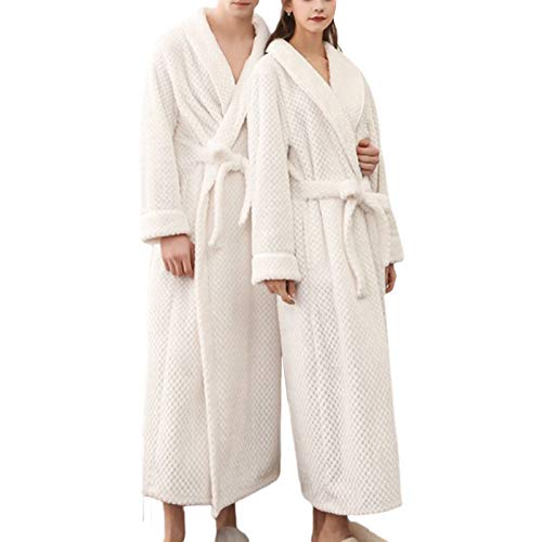 Womens Robe Long Fleece Bathrobe Warm Waist Belt Super Soft Spa Plush Full Length Bath Robe with Shawl Collar (White, M)