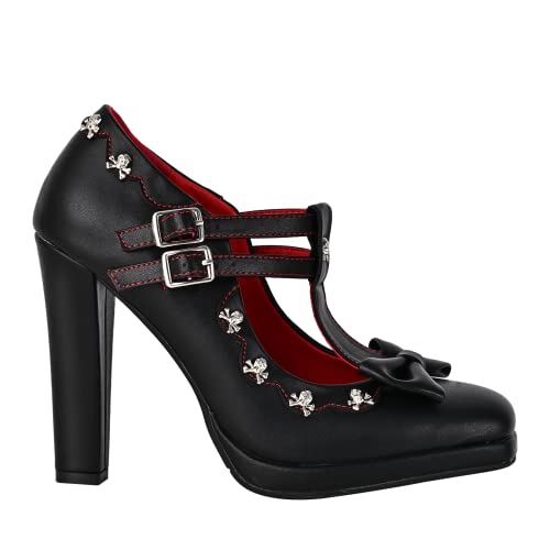 Women's Gothic T-Strap Mary Jane Block High Heel Pumps Platform Closed Toe Buckle Strap Skull Decoration Shoes with Bow2