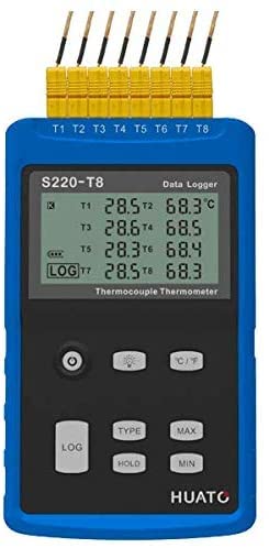 MeterTo S220-T8 USB LCD Multi-Channel Thermometer with 8 Types Thermocouples Temperature Data Logger 8 Channels -200~+1800? ºC or ºF Supporting K,J,E,T,R,S,N,B Thermo-Hygrometer Recording 36,000