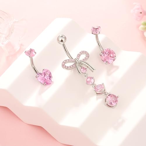 Dangle Belly Button Rings Piercing Jewelry for Women Surgical Stainless Steel Dangling Belly Ring Pack with Heart Bow Elements 14g4