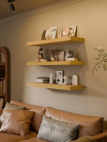 Image of 36-Inch Floating Shelves, Set of 3 Wall Mounted Storage Ledges, 12-Inch Deep Extra-Thick Solid Paulownia Wood Shelving for Kitchen, Living Room, Bedroom & Bathroom, Natural Clear Finish