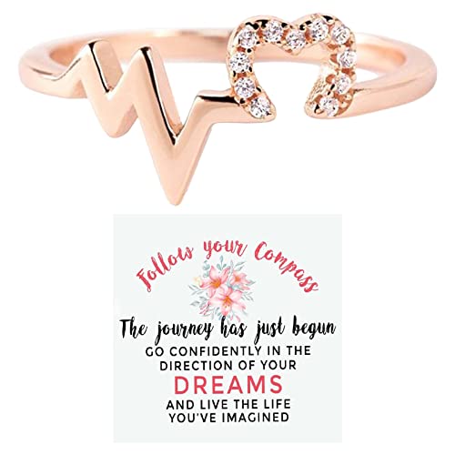 Rubu22a Anillo de graduación de la casa con corazón para mujeres 2022 regalo de graduación personalizado regalo de graduación anillo de latido de las ondas anillos, Rosa., talla única