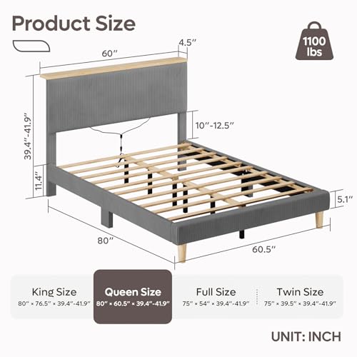 Image of Bestier Queen Size Bed Frame with Headboard Shelf & LED, Upholstered, Grey